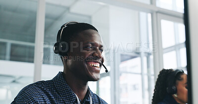 Buy stock photo Smile, man and computer with headset at call centre for customer service, client inquiry and CRM. Happy, advisor and coworking with PC for help, telecom FAQ and information survey of online procedure