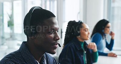 Buy stock photo Man, talking and headset in office at call centre for crm, help client and customer support. Agent, coworking and listen to consultation, inquiry advice and online information for assistance guidance