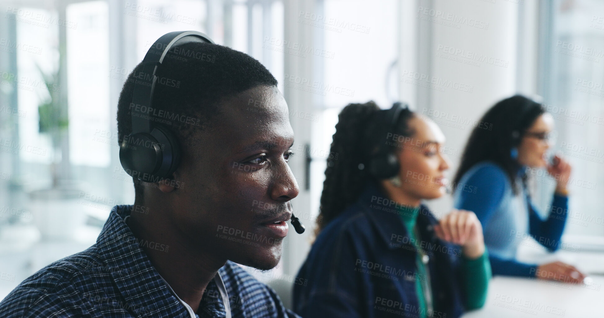 Buy stock photo Man, talking and headset in office at call centre for crm, help client and customer support. Agent, coworking and listen to consultation, inquiry advice and online information for assistance guidance