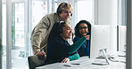 Happy, business people and consultant team with computer for customer service in call center office. Group, employees or agents with technology or mic for online advice or telemarketing in workplace