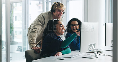 Buy stock photo Happy, business people and consultant team with computer for customer service in call center office. Group, employees or agents with technology or mic for online advice or telemarketing in workplace