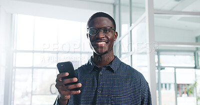 Buy stock photo Portrait, smile and black man with phone in office for about us, career pride and review article. Happy, journalist and mobile for chat, contact editor and source check with publication notification