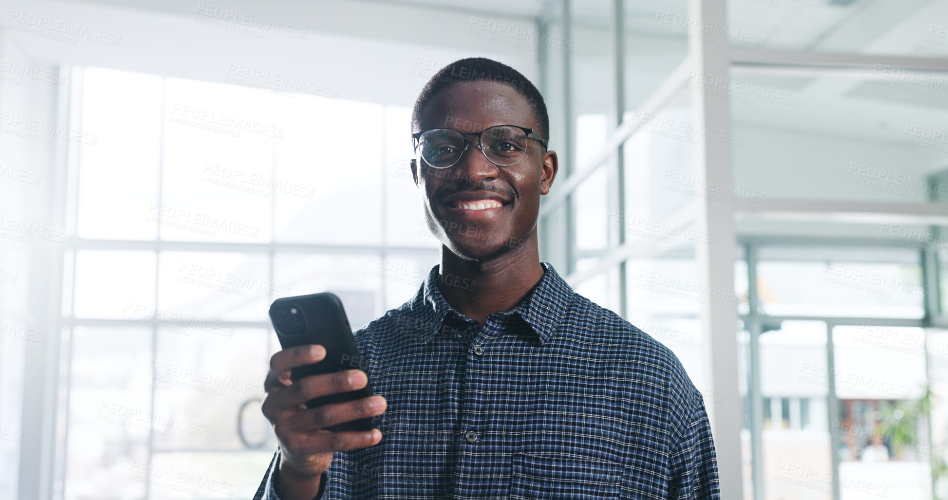 Buy stock photo Portrait, smile and black man with phone in office for about us, career pride and review article. Happy, journalist and mobile for chat, contact editor and source check with publication notification