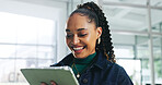Research, smile and tablet with designer woman in office for planning or web development. App, design and solution with happy employee in business workplace for feedback, online review or update