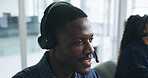 Call center, agent and man with headset, service or consultation for sales, tech or lead generation. Telemarketing, representative and person with mic for communication, friendly or chat with contact