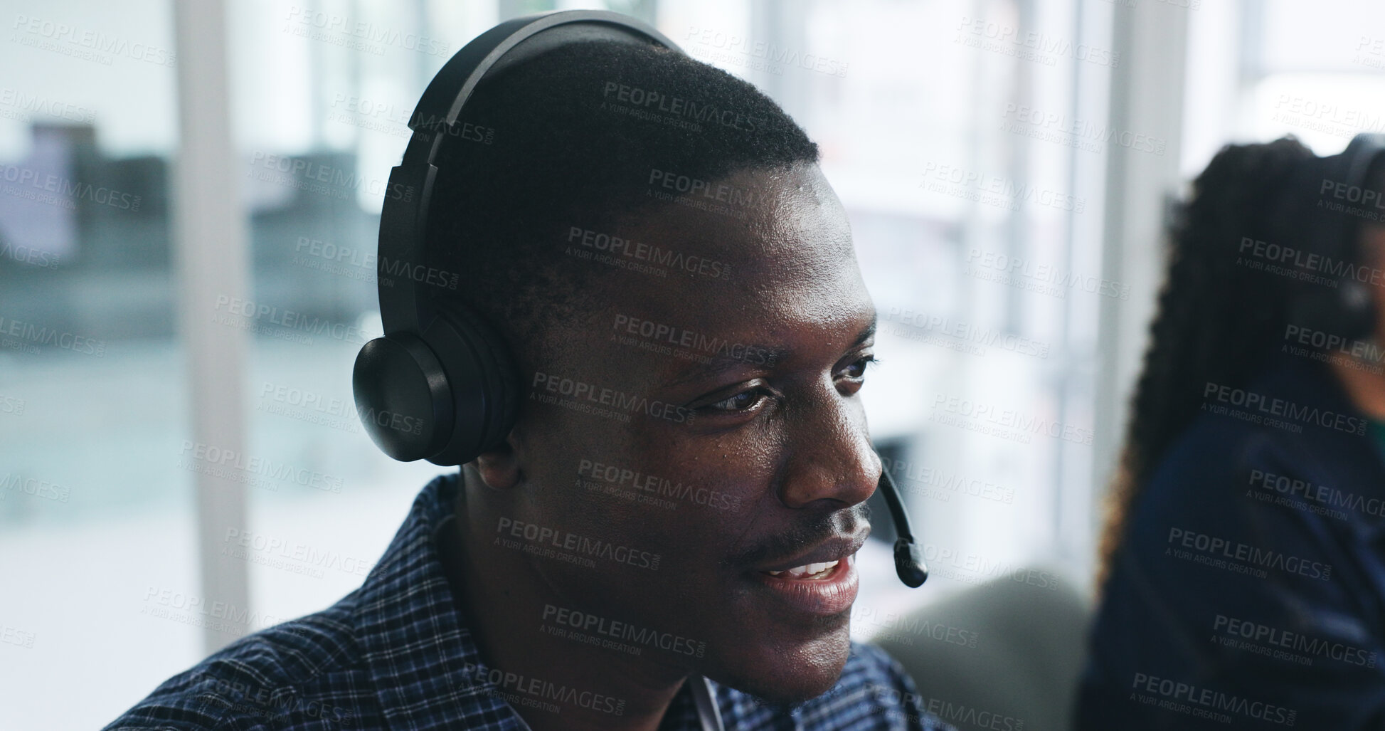 Buy stock photo Call center, agent and man with headset, service or consultation for sales, tech or lead generation. Telemarketing, representative and person with mic for communication, friendly or chat with contact