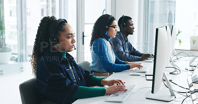 Buy stock photo Customer service, headset or woman in office with communication, CRM or online consultation. Help desk, mic or technical support consultant with contact us, query or callcenter in coworking workplace