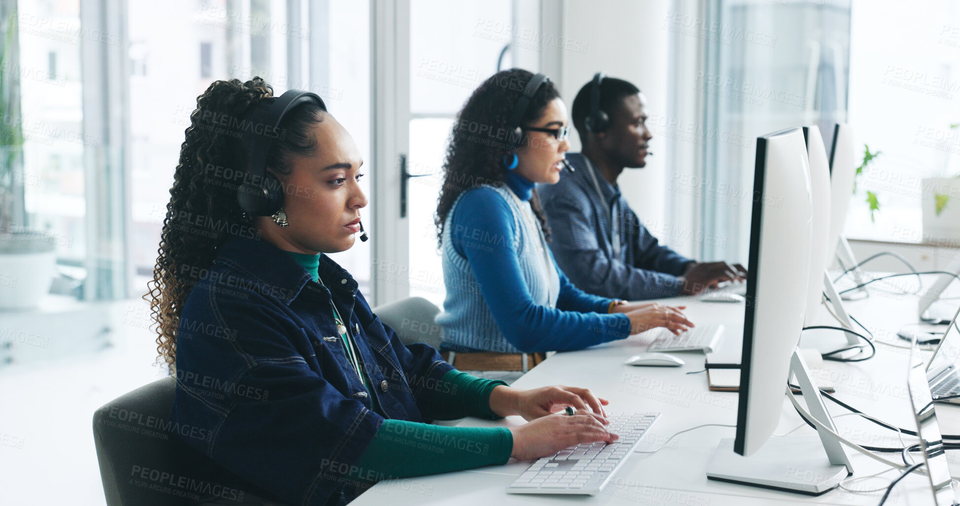 Buy stock photo Customer service, headset or woman in office with communication, CRM or online consultation. Help desk, mic or technical support consultant with contact us, query or callcenter in coworking workplace