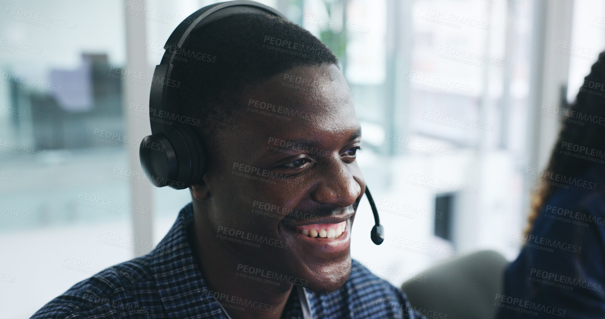Buy stock photo Call center, talk and black man with headset, smile and service for sales, tech and lead generation. Telemarketing, representative and person with mic for communication, friendly or chat with contact