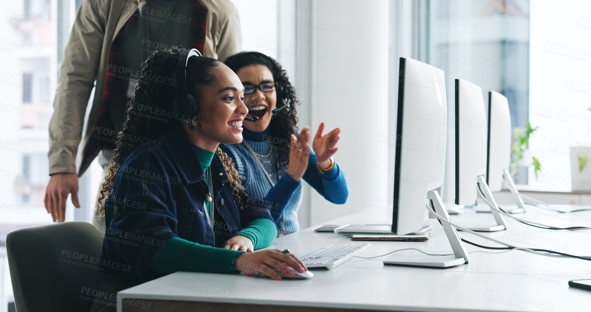 Buy stock photo Call center support, computer and people with applause for target, sales processing and achievement. Headset, telemarketing agent and excited employees with clapping for lead generation and CRM goals
