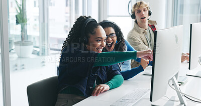 Buy stock photo Surprise, people and excited at computer in call center for positive feedback, sale and target. Achievement, telemarketing agent and pointing to PC for lead generation, order processing and milestone