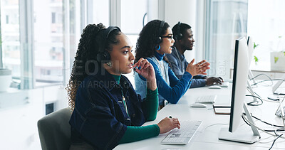 Buy stock photo Call center, headset and woman in office with customer service, CRM or online consultation. Coworking, mic and female technical support consultant with contact us, query or communication in workplace