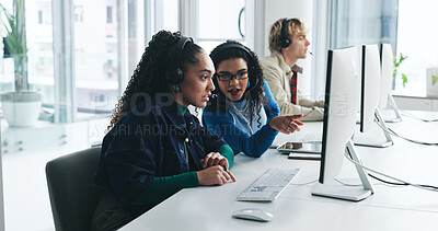 Buy stock photo Teamwork, computer or people with advice in call center for training question, online system or help. Telemarketing trainee, coworking or agent pointing for sales assistance, CRM or product knowledge