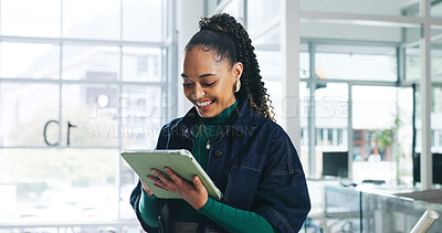 Buy stock photo Design, tablet and smile with employee woman in office for planning or web development. App, research and solution with happy designer in business workplace for feedback, online review or update