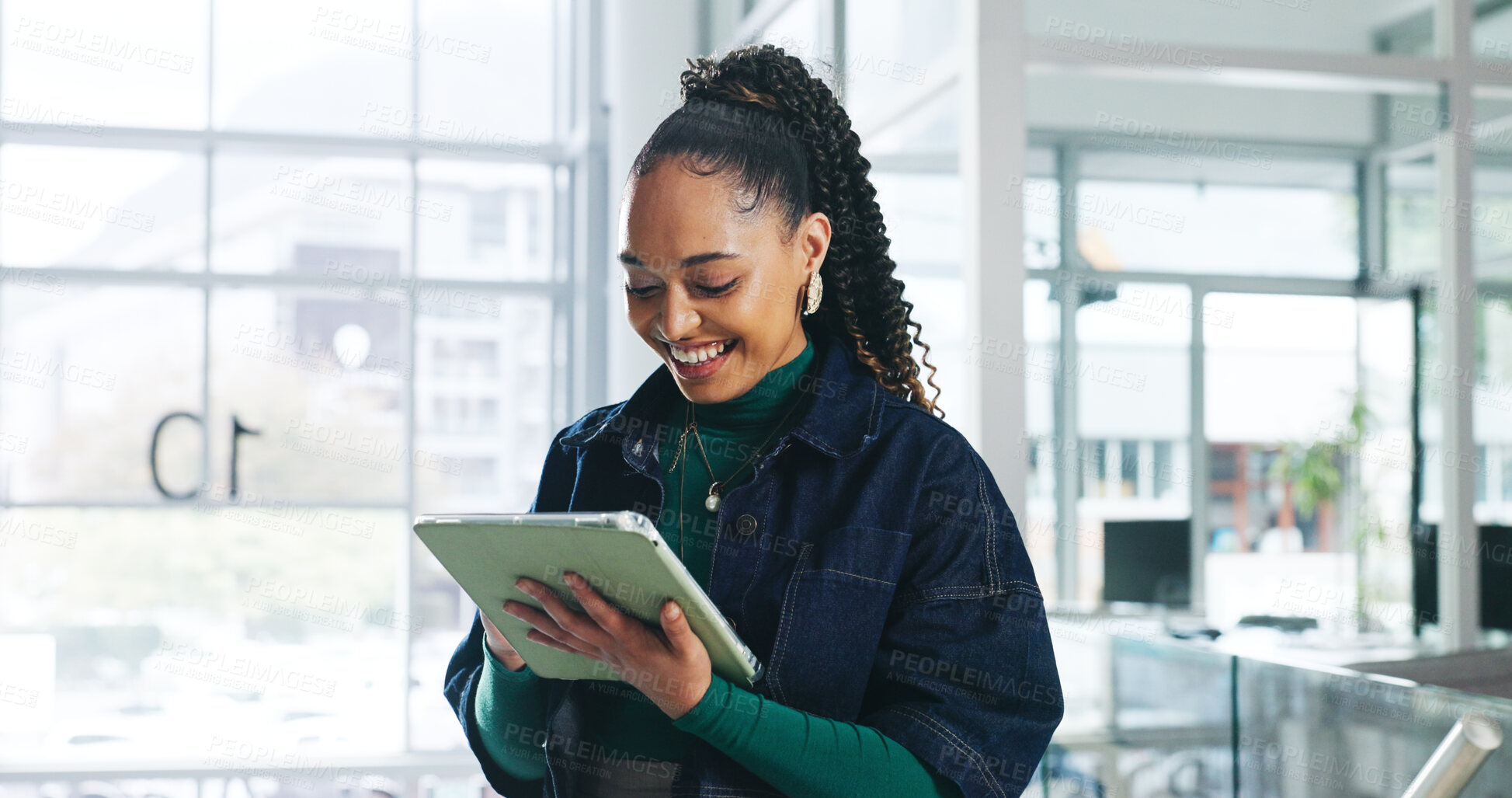 Buy stock photo Design, tablet and smile with employee woman in office for planning or web development. App, research and solution with happy designer in business workplace for feedback, online review or update