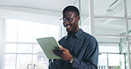 Black man, tablet and smile at office, startup and reading report for proposal, review and notification. African person, tech and happy with app, feedback or networking for deal at creative agency