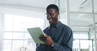 Buy stock photo Black man, tablet and smile at office, startup and reading report for proposal, review and notification. African person, tech and happy with app, feedback or networking for deal at creative agency