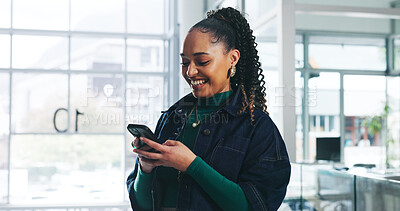 Buy stock photo Smile, creative woman and reading with phone in office for research, proofreading and review article. Happy, journalist or mobile for chat, contact editor and source check of publication notification