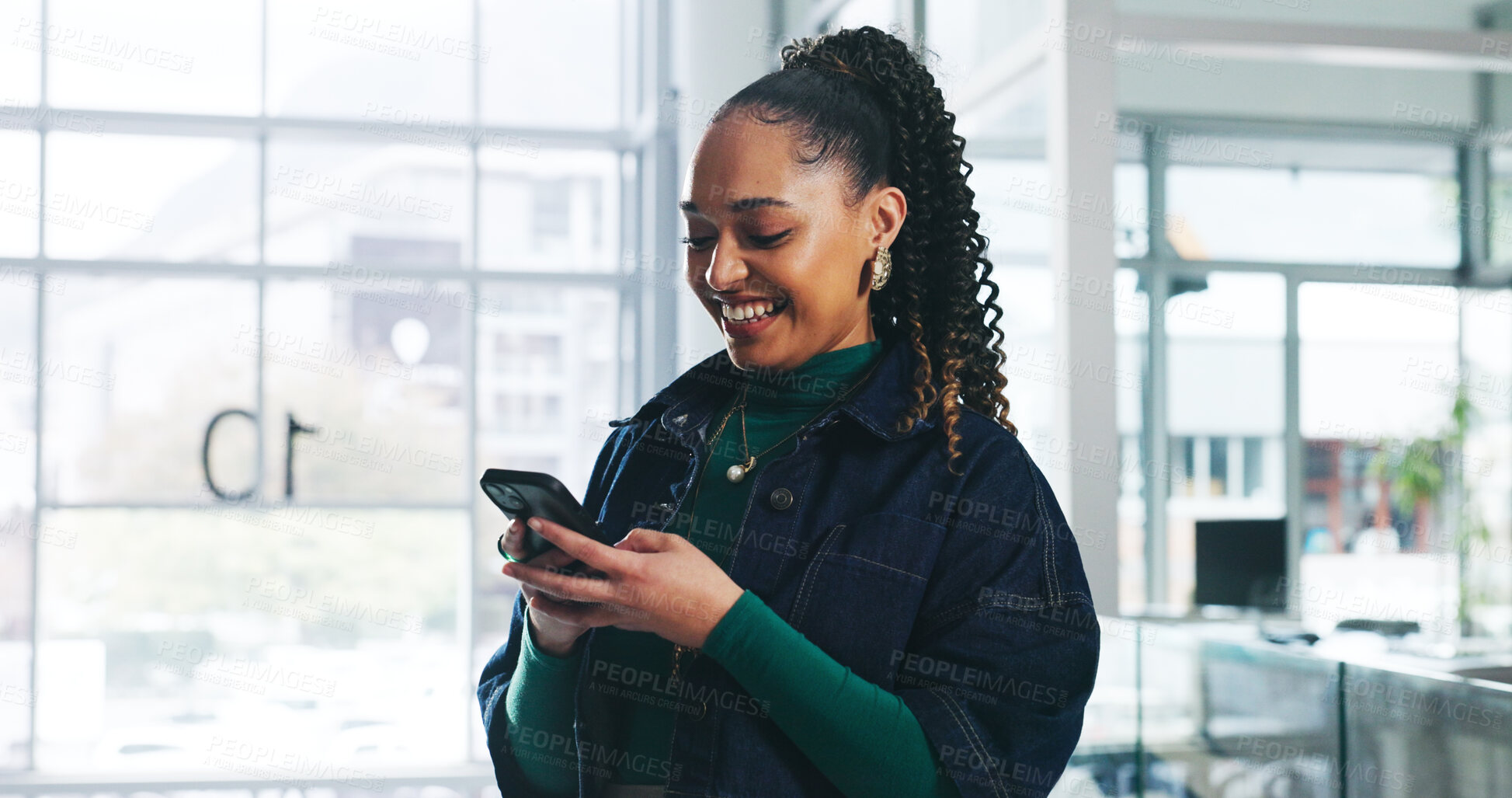 Buy stock photo Smile, creative woman and reading with phone in office for research, proofreading and review article. Happy, journalist or mobile for chat, contact editor and source check of publication notification