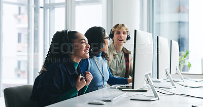 Buy stock photo Business, call center and people with computer, celebration and kpi target with success. Customer service, pc and employees in workplace, sales and bonus with promotion, achievement and surprise