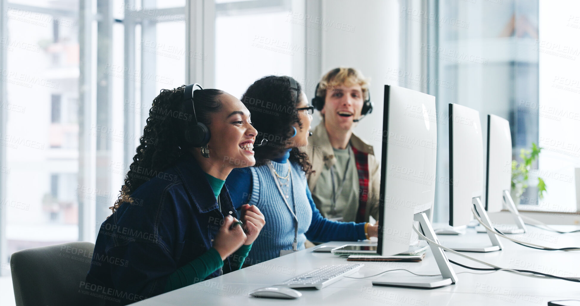 Buy stock photo Business, call center and people with computer, celebration and kpi target with success. Customer service, pc and employees in workplace, sales and bonus with promotion, achievement and surprise