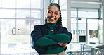 Portrait, business and happy woman in office, arms crossed  and confident personality with creative agency. Smile, professional and consultant in workplace, pride and designer with career ambition