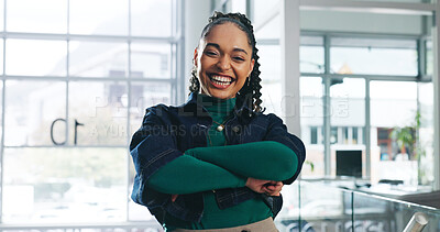 Buy stock photo Portrait, business and happy woman in office, arms crossed  and confident personality with creative agency. Smile, professional and consultant in workplace, pride and designer with career ambition