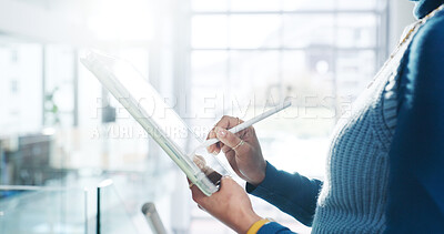 Buy stock photo Woman, hands and design with tablet in office for drawing, company schedule or UI layout. Closeup, female person or graphic designer sketching with technology or digital pen for online prototype