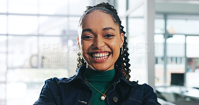 Buy stock photo Office, happy and portrait of business woman for writer career, job opportunity and internship. Creative agency, publishing and confident person with pride for copywriting, editing and journalism