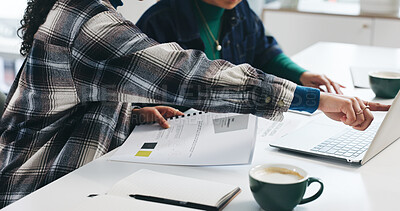 Buy stock photo Collaboration, laptop and discussion with business women in office for feedback, review or report. Computer, teamwork or paperwork with employee pointing with design document, project and planning