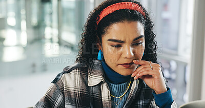 Buy stock photo Online, thinking and research with business woman in office for internship, web designer or reflection. Vision, ui menu prototype and idea with person in creative agency for reading and planning