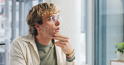 Buy stock photo Thinking, creative and business man with inspiration for content writing or vision. Thoughts, reflection and worker in startup for planning, mindset and copywriter with idea for story in office