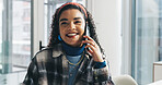 Smile, creative and woman with phone call in office for chat, online interview and contact source. Thinking, journalist and mobile for conversation, article planning and news feedback on publication 