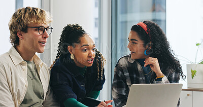 Buy stock photo Collaboration, laptop and feedback with business people in office for discussion, review or report. Computer, teamwork or training with employee group together for planning, strategy or brainstorming