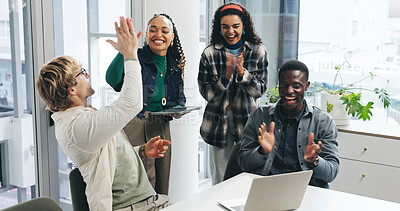 Buy stock photo Creative, high five and people with applause at laptop for campaign success, team victory and goals. Marketing agency, group and tech with celebration in office for client feedback and pitch approval