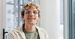 Man, happy and portrait at startup, office and pride with glasses for career at media company. Person, smile and writer for publication, fashion magazine and confident at creative agency in Australia