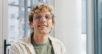 Buy stock photo Man, happy and portrait at startup, office and pride with glasses for career at media company. Person, smile and writer for publication, fashion magazine and confident at creative agency in Australia