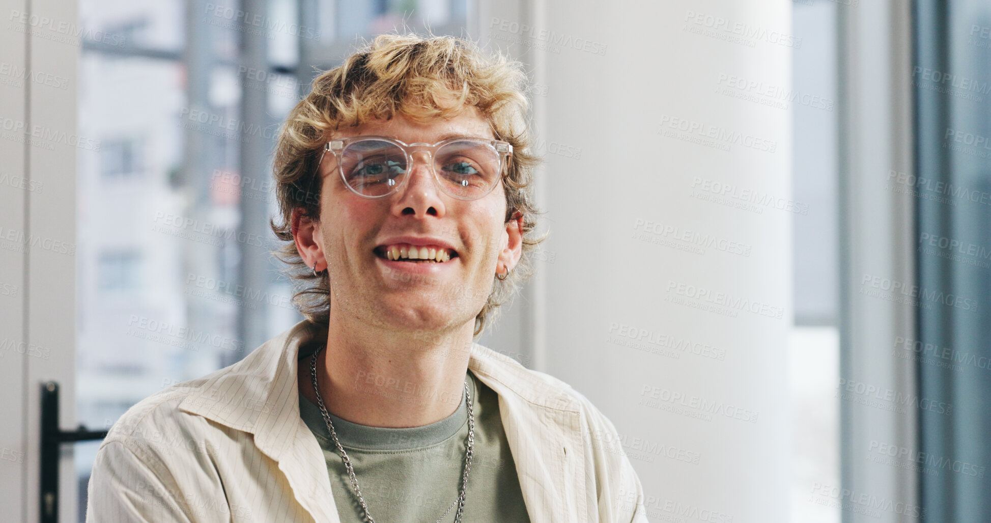 Buy stock photo Man, happy and portrait at startup, office and pride with glasses for career at media company. Person, smile and writer for publication, fashion magazine and confident at creative agency in Australia