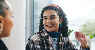 Buy stock photo Creative, team and women in office, talking or happy for story, journalist and planning for project. Collaboration, reporter and discussion for news article, smile and people in newsroom and business