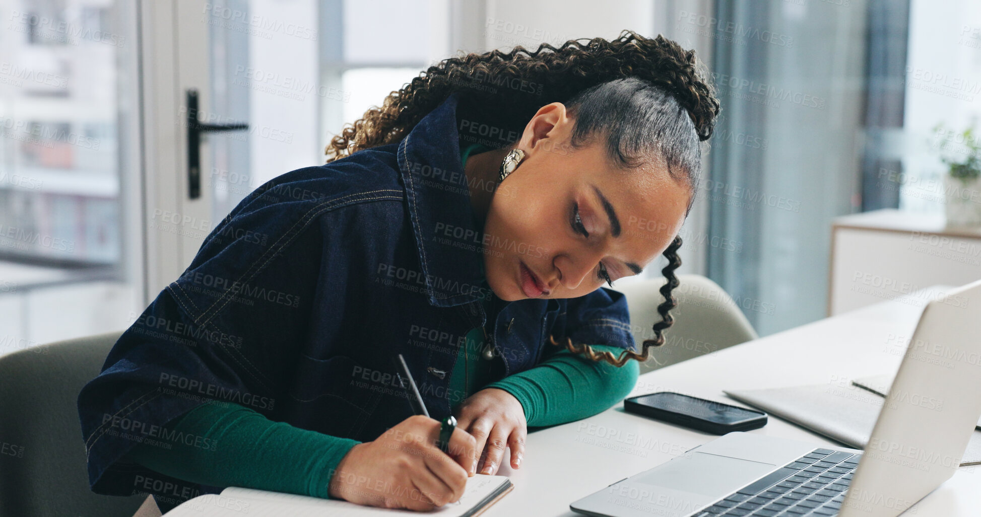 Buy stock photo Planning, writing and journal with business woman in office for schedule, client feedback or proposal. Consultant, technology and thinking with employee in agency for project management and review