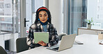 Woman, tablet and laptop at startup with thinking, review and reading report at media company. Person, writer and computer with scroll on app, research or editing process with list at creative agency