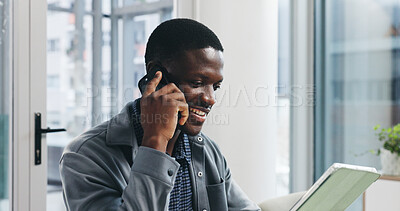 Buy stock photo Phone call, smile and tablet with business black man in office for design or development. App, communication and conversation with happy African employee at desk in workplace for planning or research