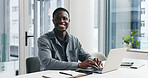 Black man, portrait and office with laptop for business report, project planning or company research. Businessman, smile and typing notes with computer for schedule, agenda or tasks in workplace