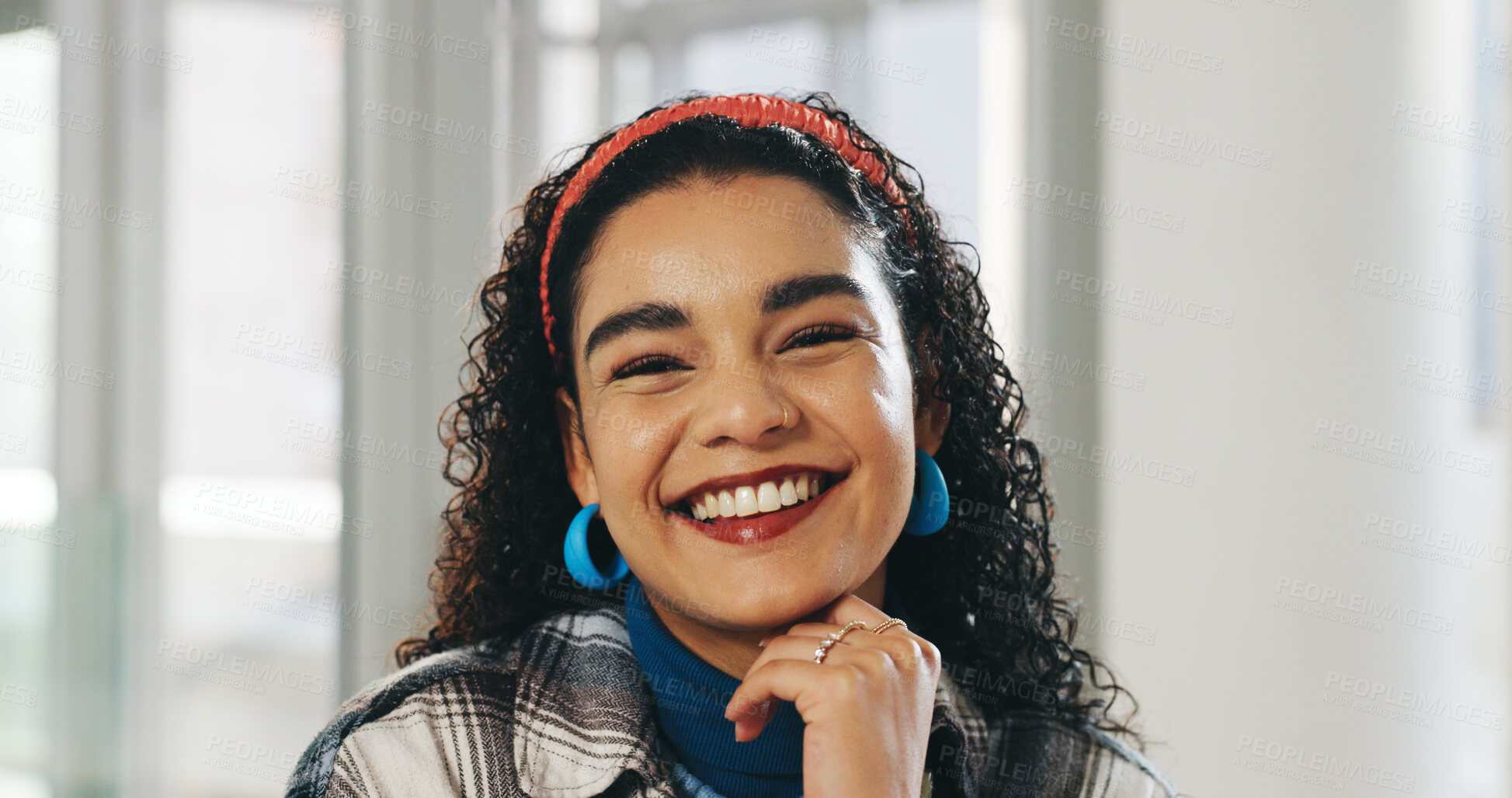 Buy stock photo Woman, smile and portrait in office at startup with pride, career and confidence at design company. Person, fashion designer and happy at job, creativity and entrepreneur at workplace in Brazil