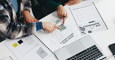 Buy stock photo Business people, hands and documents with chart for social media growth, performance or review. Top view, employees or colleagues pointing with graph or paperwork for network traffic in workplace