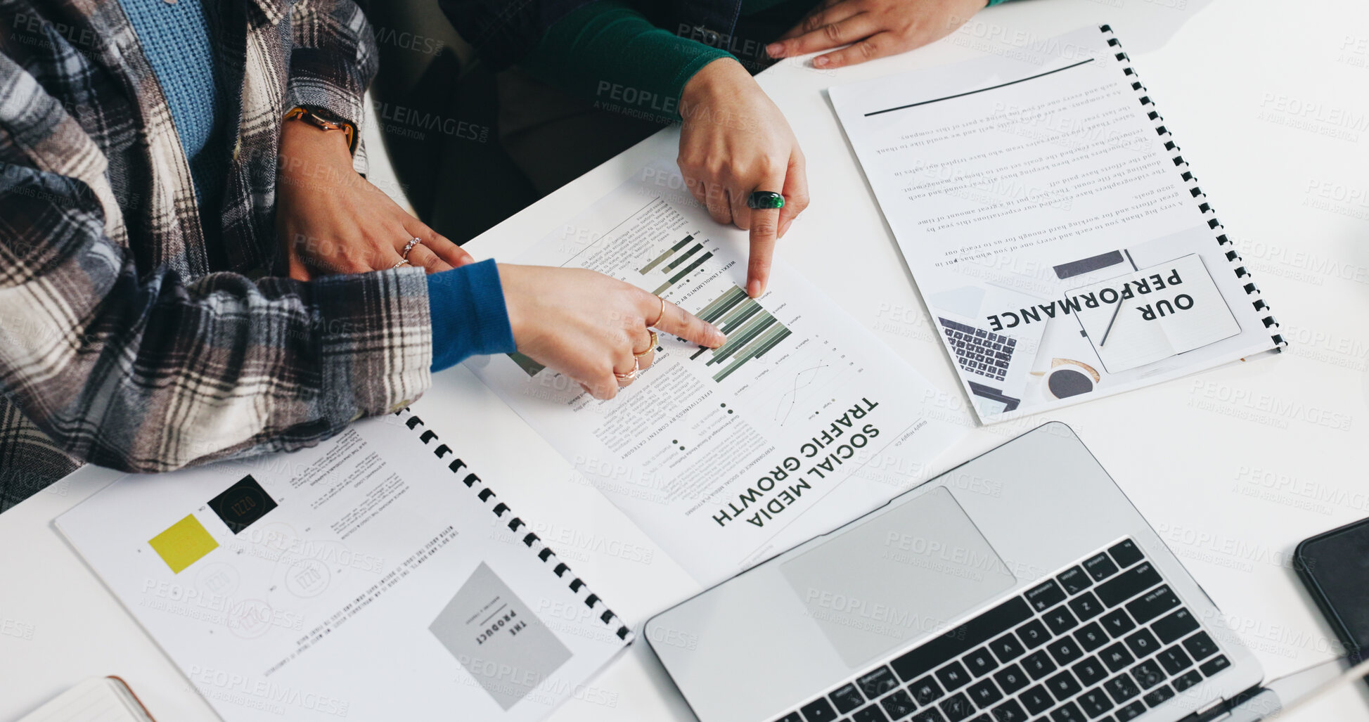 Buy stock photo Business people, hands and documents with chart for social media growth, performance or review. Top view, employees or colleagues pointing with graph or paperwork for network traffic in workplace