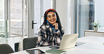 Portrait, laptop and smile with business woman in office for article source, publisher schedule or research. Journalist report, draft editing and planning with person in media agency for magazine