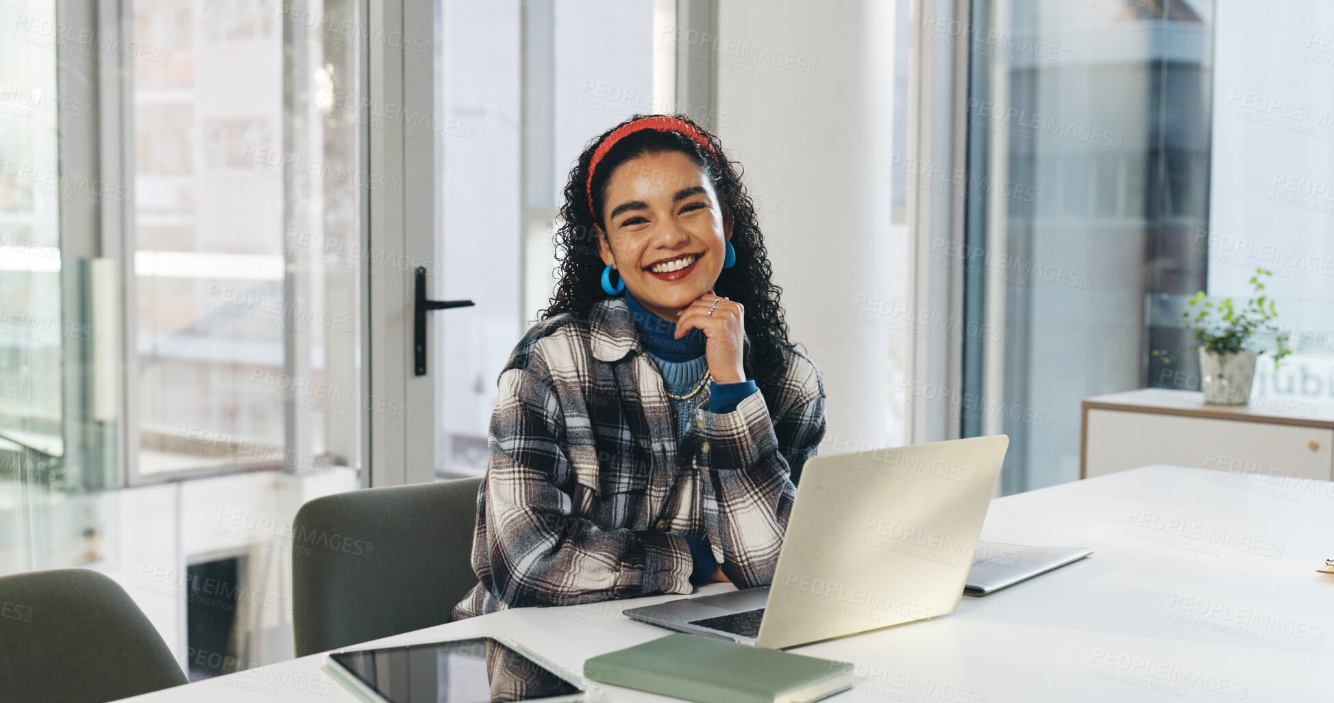 Buy stock photo Portrait, laptop and smile with business woman in office for article source, publisher schedule or research. Journalist report, draft editing and planning with person in media agency for magazine