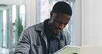 Black man, tablet and reading with technology for business report, project planning or company research. Businessman, web and review notes with computer for schedule, agenda or tasks in workplace