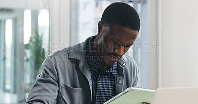 Buy stock photo Black man, tablet and reading with technology for business report, project planning or company research. Businessman, web and review notes with computer for schedule, agenda or tasks in workplace